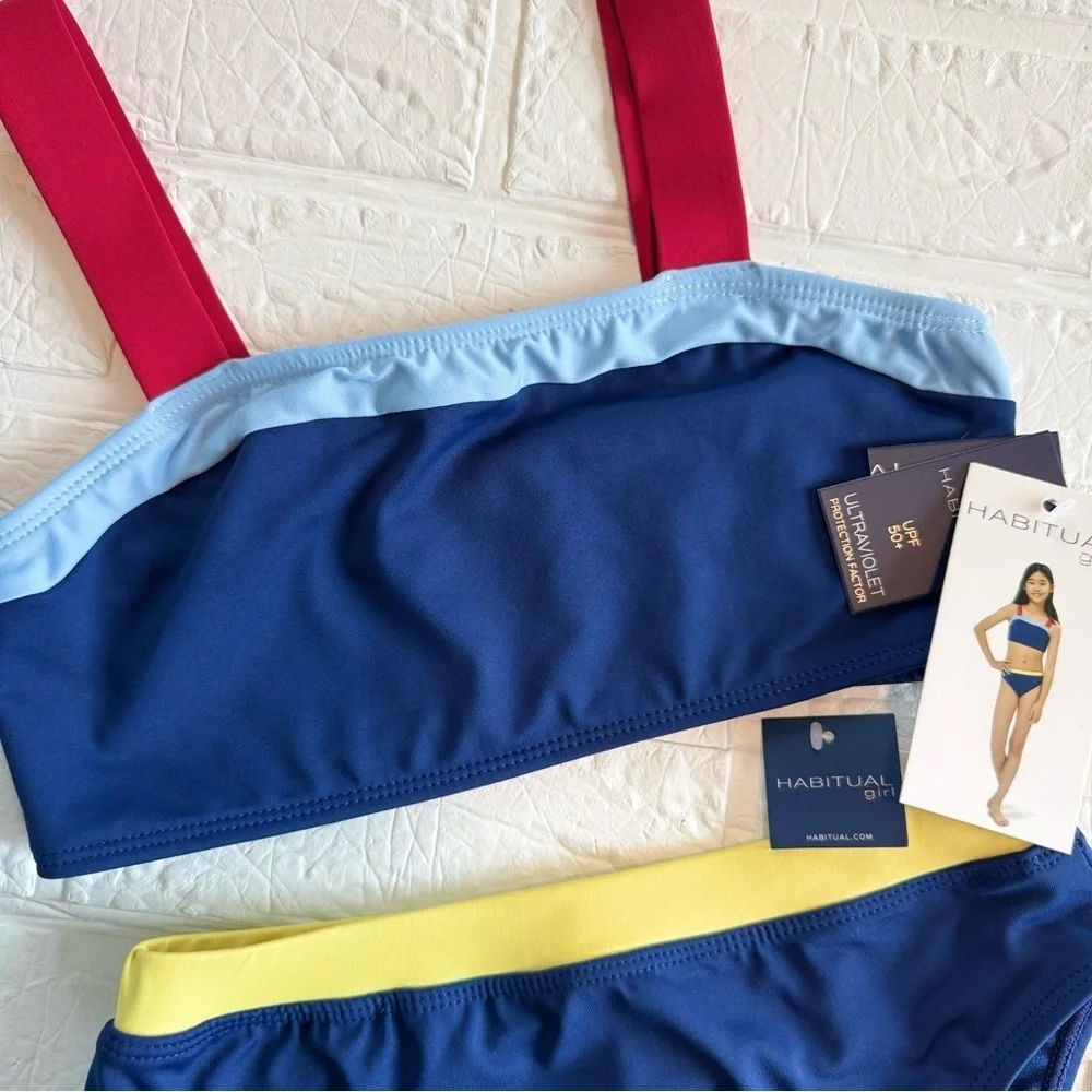 New Habitual Kids Blue, Red, and Yellow Two Piece Swimsuit Sz 12 Top 10 Bottoms